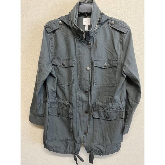 Leith Utility Olive Green Jacket Sz Small Full Zip Snap Closure Hidden Hoodie - Picture 7 of 10